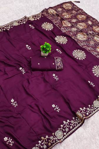 Wine satin with zari embrodery work saree with unstitched blouse piece