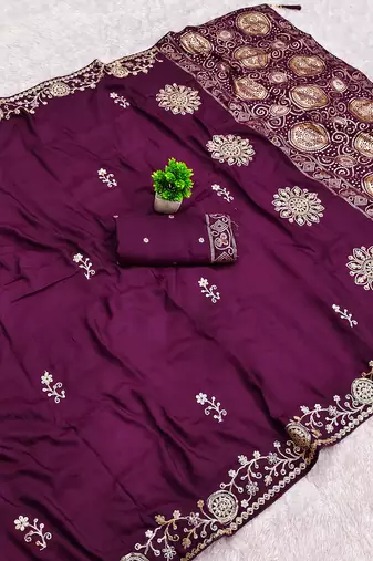 Wine satin with zari embrodery work saree with unstitched blouse piece
