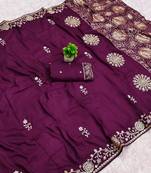 Wine satin with zari embrodery work saree with unstitched blouse piece