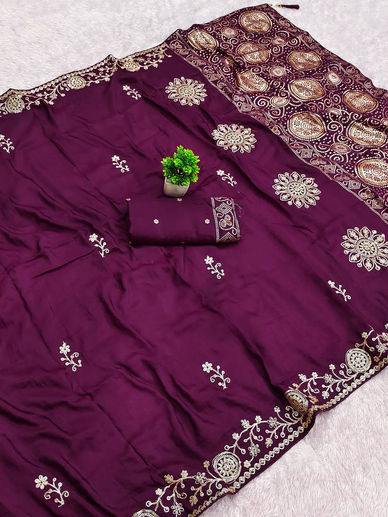 Wine satin with zari embrodery work saree with unstitched blouse piece
