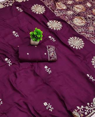 Wine satin with zari embrodery work saree with unstitched blouse piece 2