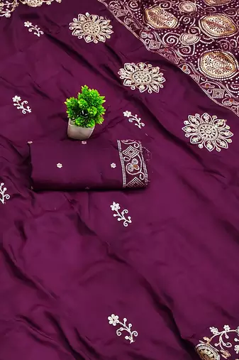 Wine satin with zari embrodery work saree with unstitched blouse piece