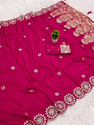 Rani pink satin with zari embrodery work saree with unstitched blouse piece 1