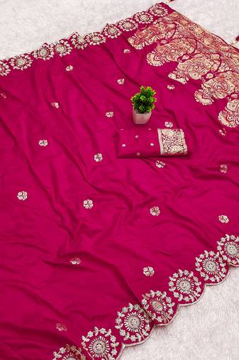 Rani pink satin with zari embrodery work saree with unstitched blouse piece