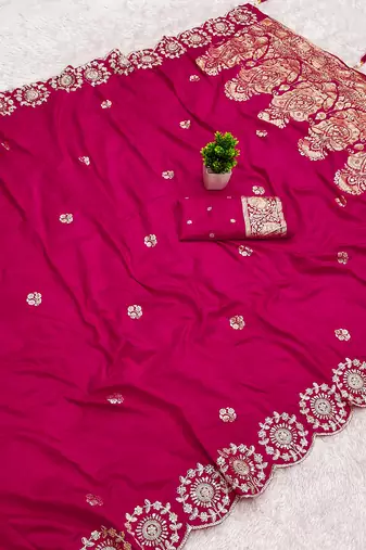 Rani pink satin with zari embrodery work saree with unstitched blouse piece