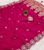 Rani pink satin with zari embrodery work saree with unstitched blouse piece