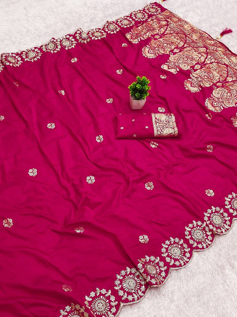 Rani pink satin with zari embrodery work saree with unstitched blouse piece