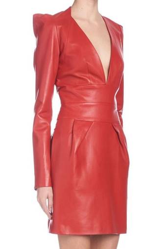 Women’s genuine lambskin red deep neck dress