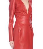 Women’s genuine lambskin red deep neck dress