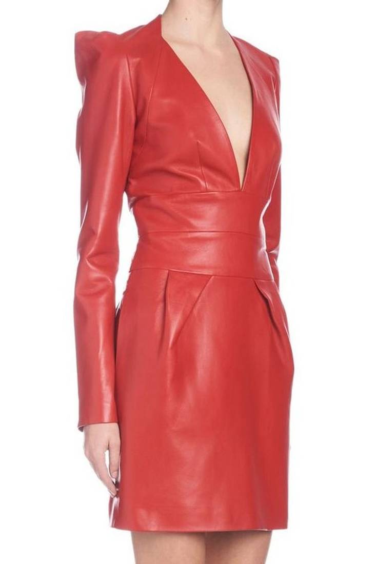 Women’s genuine lambskin red deep neck dress