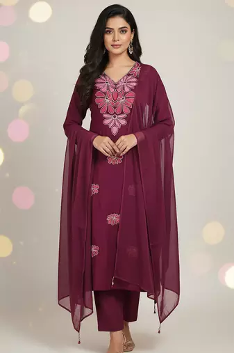 Maroon floral printed cotton stitched kurta set with palazzo & dupatta for women
