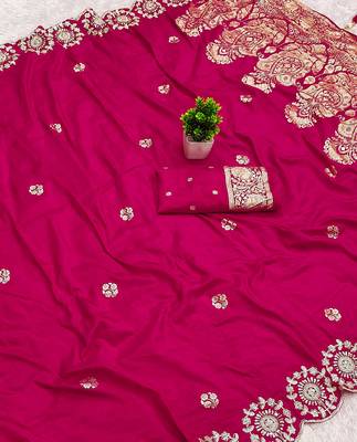 Rani pink satin with zari embrodery work saree with unstitched blouse piece 2