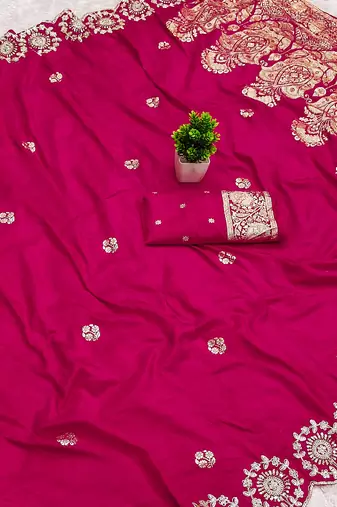 Rani pink satin with zari embrodery work saree with unstitched blouse piece