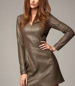 Women’s olive green real leather full sleeve a-line dress fit & flare