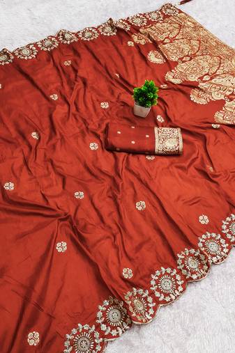 Rust satin with zari embrodery work saree with unstitched blouse piece