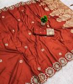 Rust satin with zari embrodery work saree with unstitched blouse piece