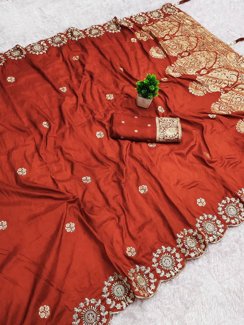 Rust satin with zari embrodery work saree with unstitched blouse piece