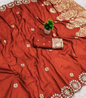 Rust satin with zari embrodery work saree with unstitched blouse piece 2
