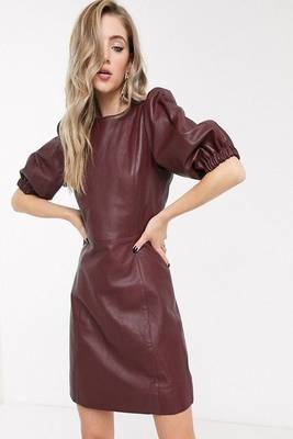 Genuine lambskin burgundy dresspuff sleeves fit & flare party dress 1