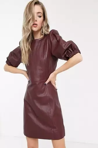 Genuine lambskin burgundy dresspuff sleeves fit & flare party dress