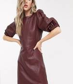 Genuine lambskin burgundy dresspuff sleeves fit & flare party dress