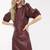 Genuine lambskin burgundy dresspuff sleeves fit & flare party dress