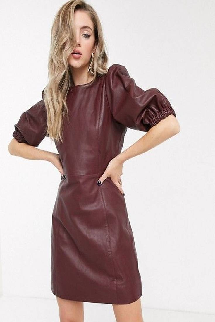 Genuine lambskin burgundy dresspuff sleeves fit & flare party dress