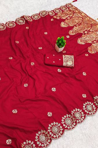 Red satin with zari embrodery work saree with unstitched blouse piece
