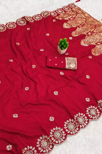 Red satin with zari embrodery work saree with unstitched blouse piece