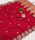Red satin with zari embrodery work saree with unstitched blouse piece