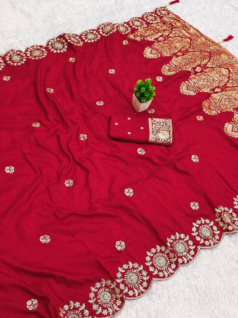 Red satin with zari embrodery work saree with unstitched blouse piece