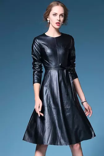 Women’s genuine lambskin blackbodycon mini dress full sleeve