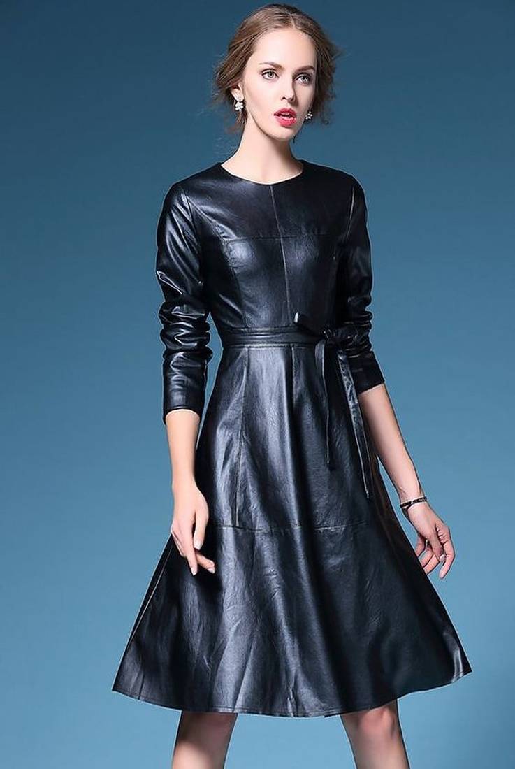 Women’s genuine lambskin blackbodycon mini dress full sleeve