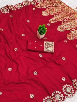 Red satin with zari embrodery work saree with unstitched blouse piece 2