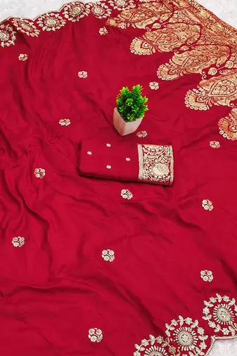 Red satin with zari embrodery work saree with unstitched blouse piece