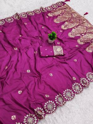 Pink satin with zari embrodery work saree with unstitched blouse piece 1