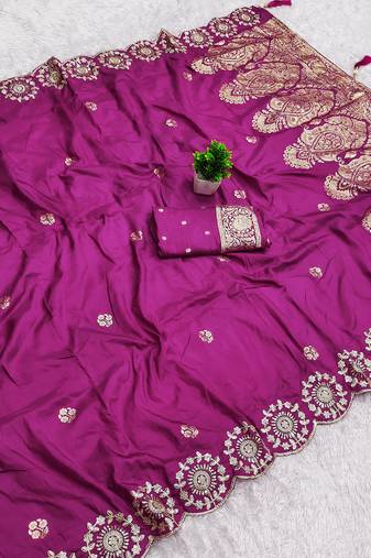 Pink satin with zari embrodery work saree with unstitched blouse piece