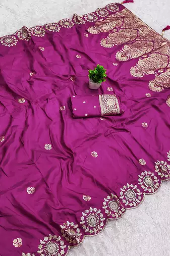 Pink satin with zari embrodery work saree with unstitched blouse piece