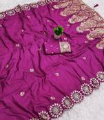 Pink satin with zari embrodery work saree with unstitched blouse piece