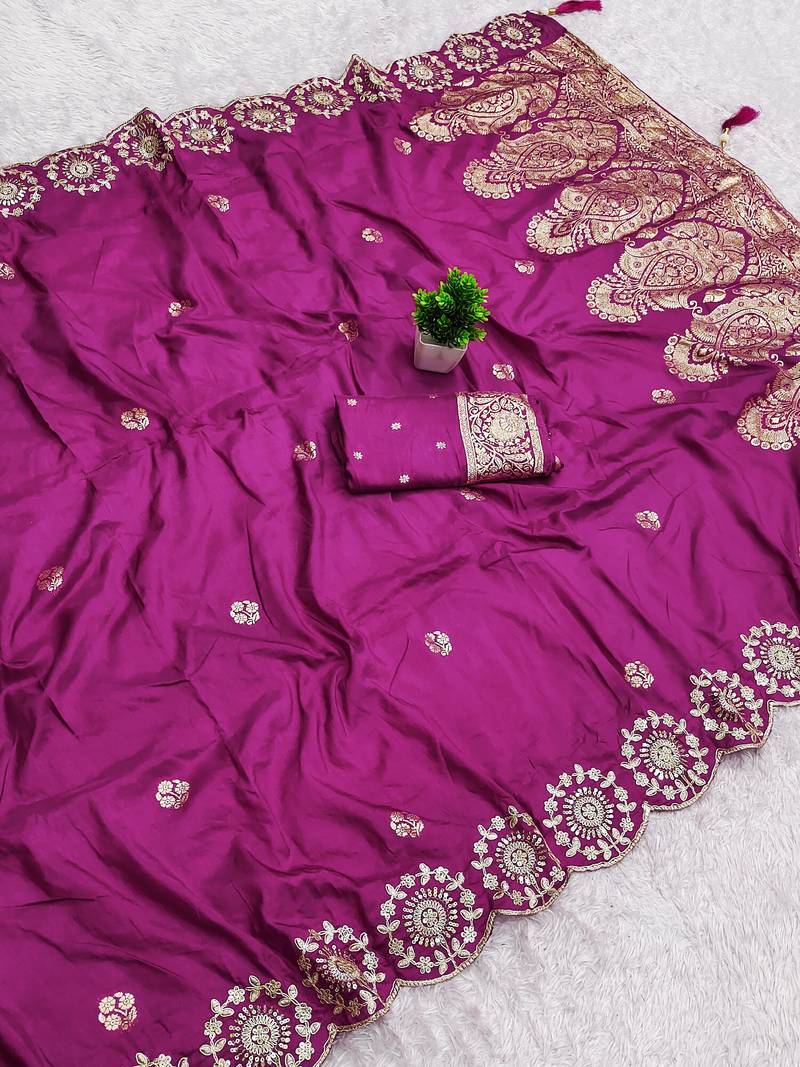 Pink satin with zari embrodery work saree with unstitched blouse piece