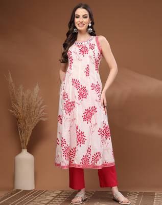 Pink floral printed cotton stitched kurta set with palazzo for women 5