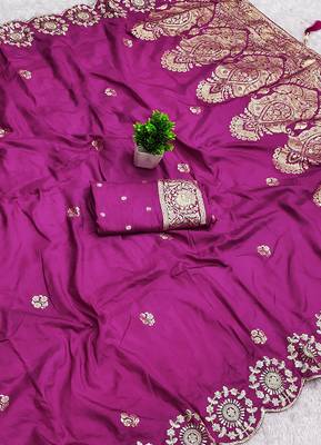 Pink satin with zari embrodery work saree with unstitched blouse piece 2