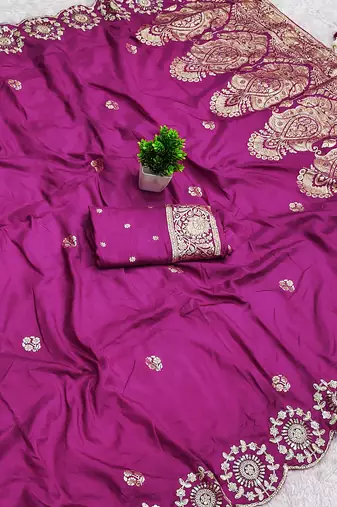 Pink satin with zari embrodery work saree with unstitched blouse piece
