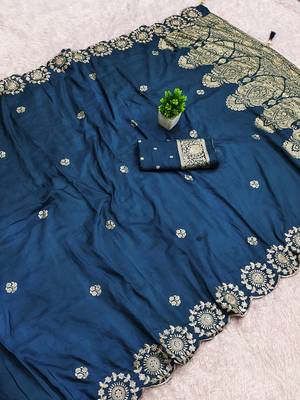 Blue satin with zari embrodery work saree with unstitched blouse piece 1