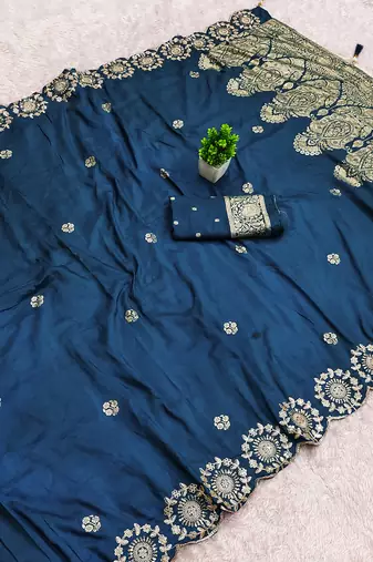 Blue satin with zari embrodery work saree with unstitched blouse piece