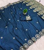 Blue satin with zari embrodery work saree with unstitched blouse piece