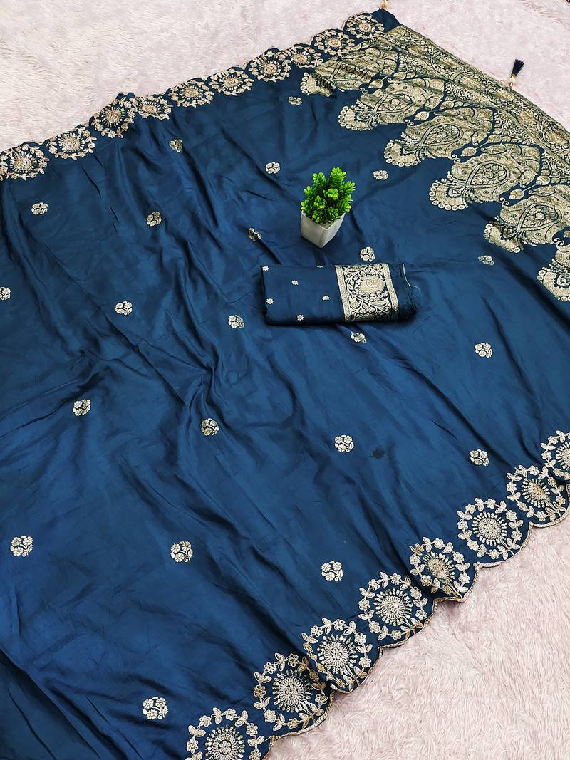 Blue satin with zari embrodery work saree with unstitched blouse piece