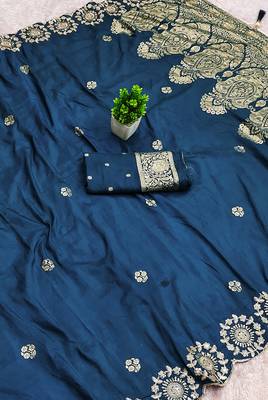 Blue satin with zari embrodery work saree with unstitched blouse piece 2
