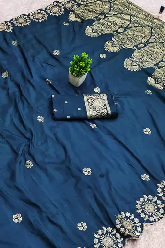 Blue satin with zari embrodery work saree with unstitched blouse piece