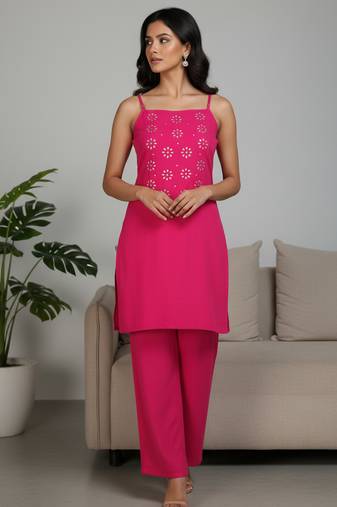 Pink floral printed cotton stitched co-ord set for women